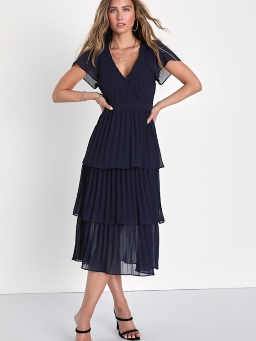 Lulus Passionate Dedication Navy Blue Pleated Tiered Midi Dress - Size M